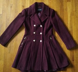 NWOT Guess Wool-Blend Double-Breasted Skirted Walker Coat, Size Medium, Wine